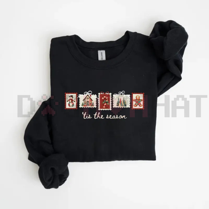 Retro Winter Stamp Sweatshirt – Patchwork Christmas Stamps Coquette Aesthetic Jumper