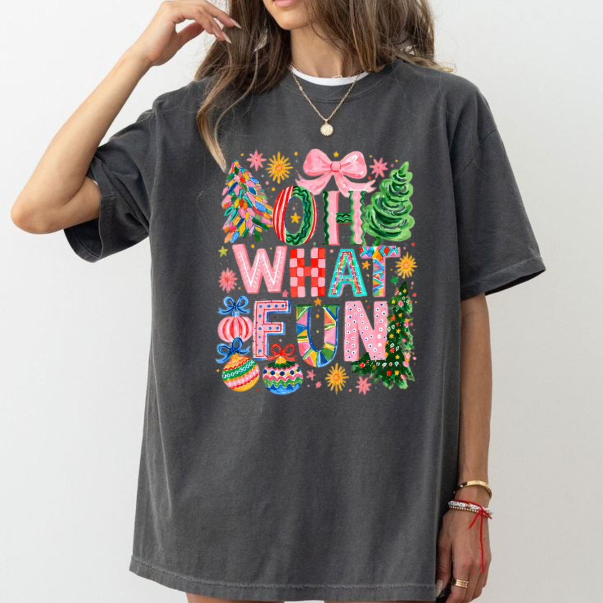 Oh What Fun Retro Pink Coquette Bow Christmas Graphic T-Shirt