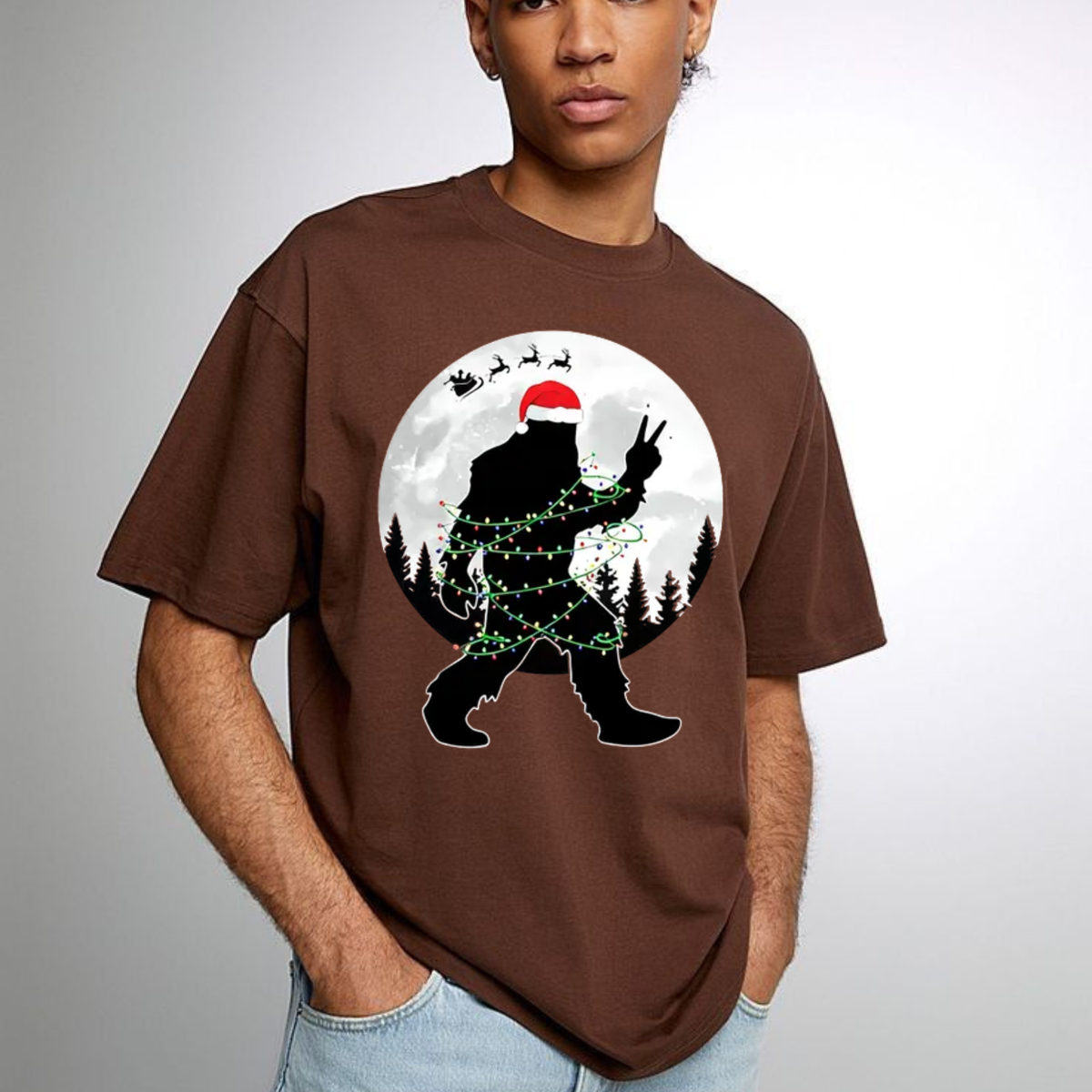 Funny Bigfoot Christmas Light Moon Forest Graphic T-Shirt