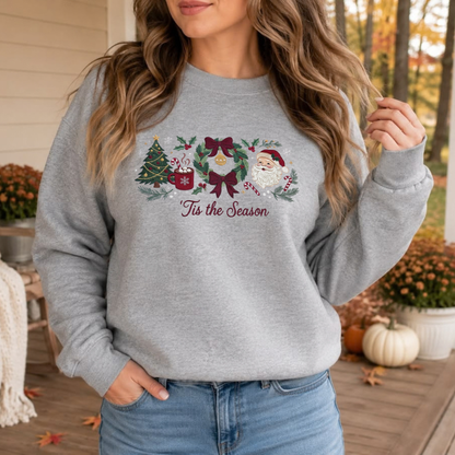 Festive Friction Sweatshirt – Christmas Gingham "Tis The Season" Embroidered Holiday Graphic Crewneck