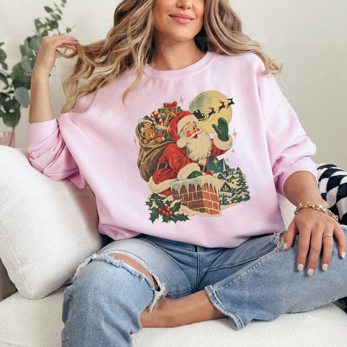 Festive Friction Crewneck – Vintage Santa Chimney & Reindeer Holiday Graphic Sweatshirt