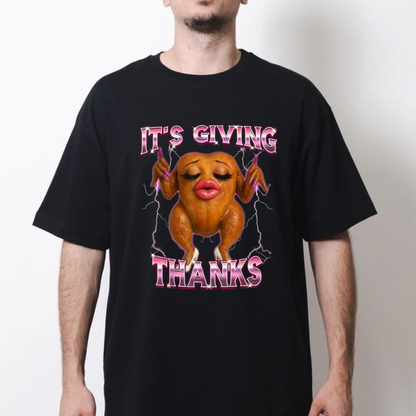 Festive Friction Tee – Fit Turkey Meme "It's Giving Thanks" Thanksgiving Graphic T-Shirt