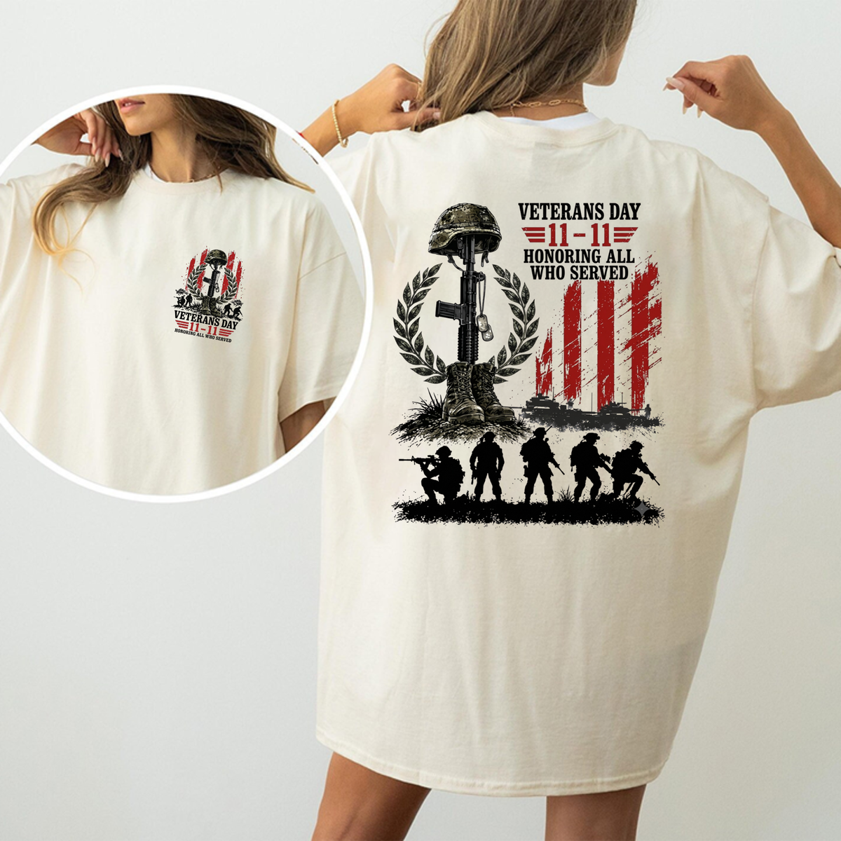 Parke Horizon Tee – Vintage Veterans Day "11-11 Honoring All Who Served" Patriotic Military Graphic T-Shirt