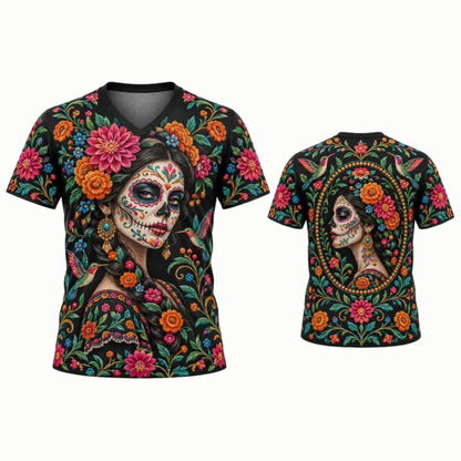 Parke Horizon Top – Women's Día de los Muertos La Catrina Stained Glass V-Neck Sports Top