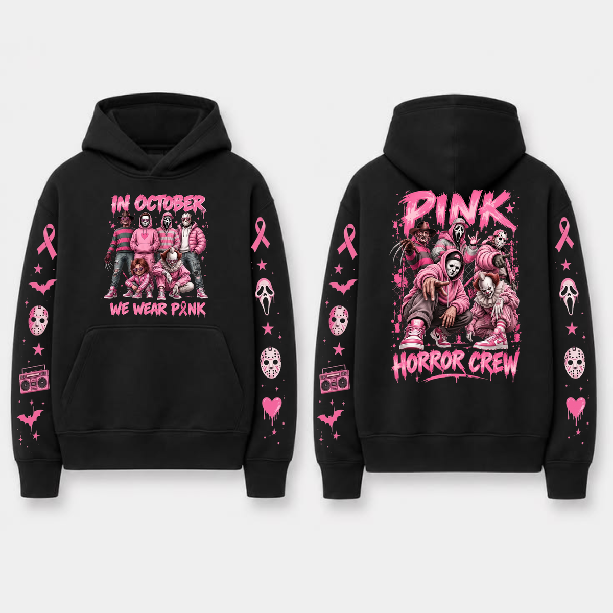 "In October We Wear Pink" Horror Spooky Ribbon Graphic Hoodie