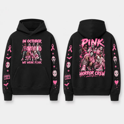 "In October We Wear Pink" Horror Spooky Ribbon Graphic Hoodie