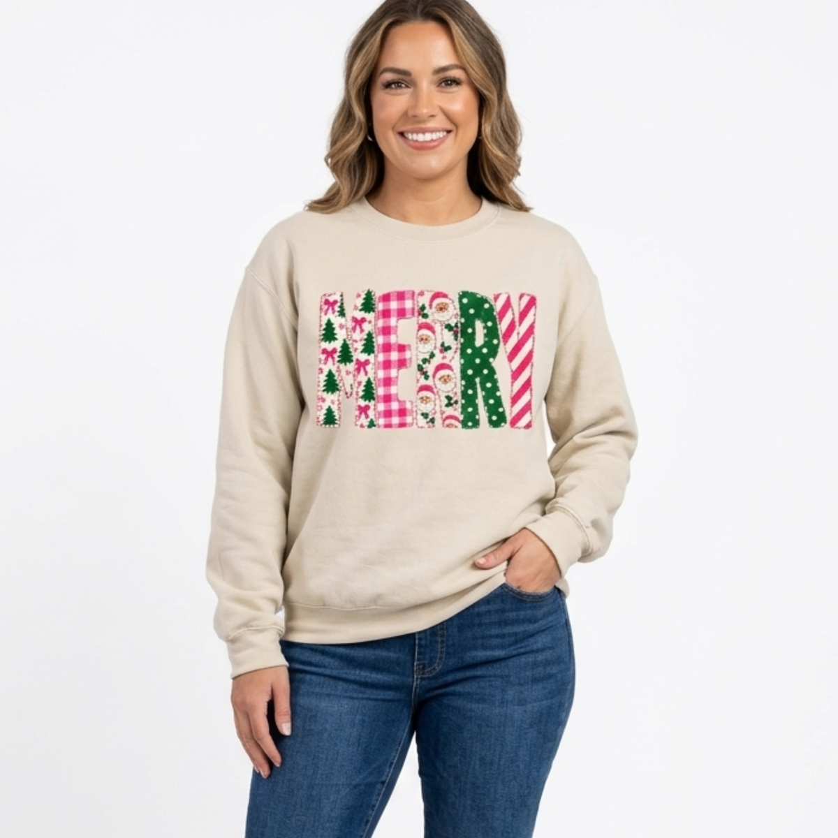 Festive Friction Crewneck – Retro Pink Merry Christmas Polka Dot Tree Sweatshirt