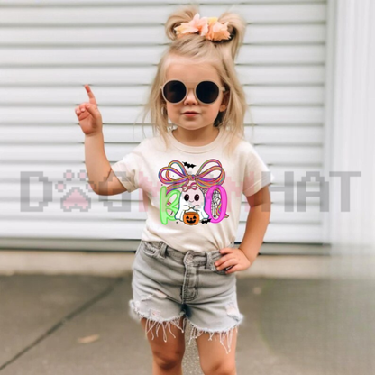 Cute Boo Ghost Floral Halloween Graphic Tee - Retro Spooky Season Soft Cotton Unisex Kids T-Shirt For Toddler & Little Girls