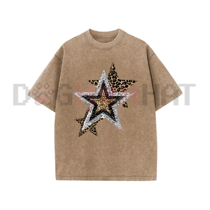 Holafish Celestial Cheetah Acid Wash Tee - Subtle Glitter Leopard Star Crew Neck Streetwear Shirt