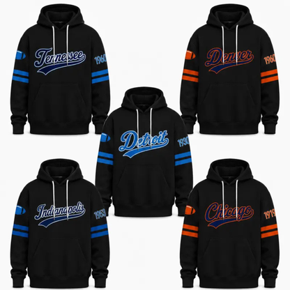 Unisex Football City Graphic Hoodie - Black Pullover with Front Script & Back Helmet Art