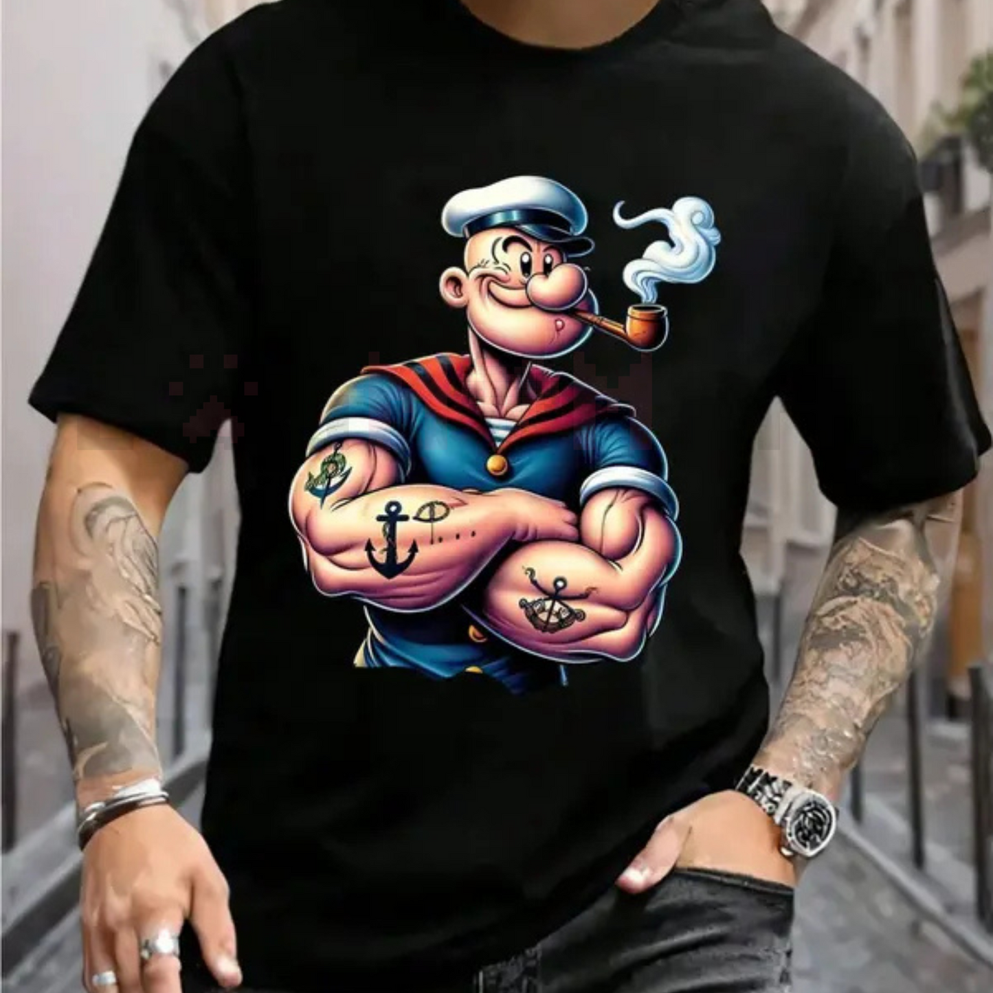 Popeye The Sailor Man Printed T-Shirt – Men's Urban Casual, Unisex Short Sleeve Crew Neck Tee
