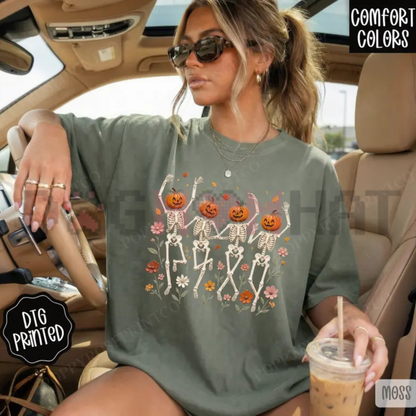 Dancing Skeletons Vintage Fall Graphic Tee - Retro Spooky Season Soft Cotton Unisex T-Shirt Gift For Her