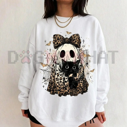 Spooky Leopard Feline Phantom Crewneck - Cute Ghost Cat Pattern Halloween Fleece Pullover Sweatshirt