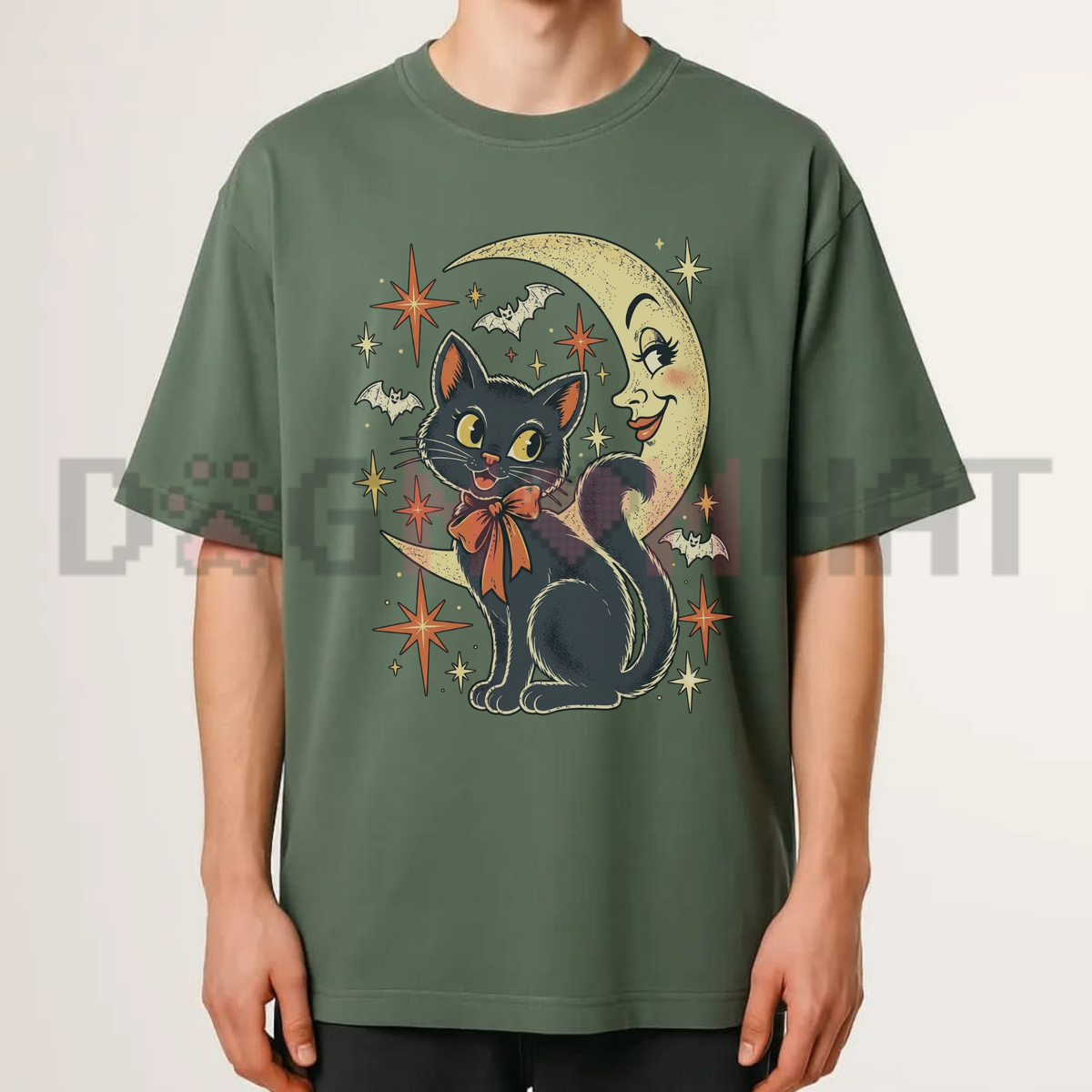 Black Cat Witchy Moon Halloween Vintage Graphic T-Shirt
