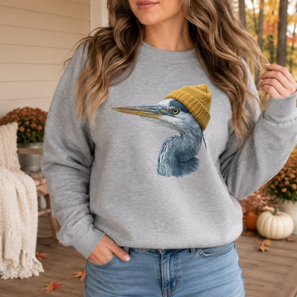Festive Friction Sweatshirt – Retro 90s Great Blue Heron Wearing Beanie Vintage Birdwatching Crewneck