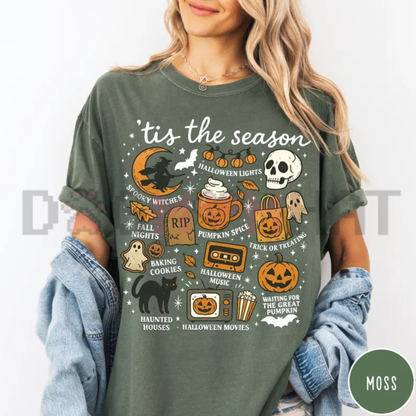 Tis The Season Pumpkin Witch Graphic Tee - Retro Vintage Halloween Soft Cotton Unisex Spooky Season Fall Aesthetic T-Shirt