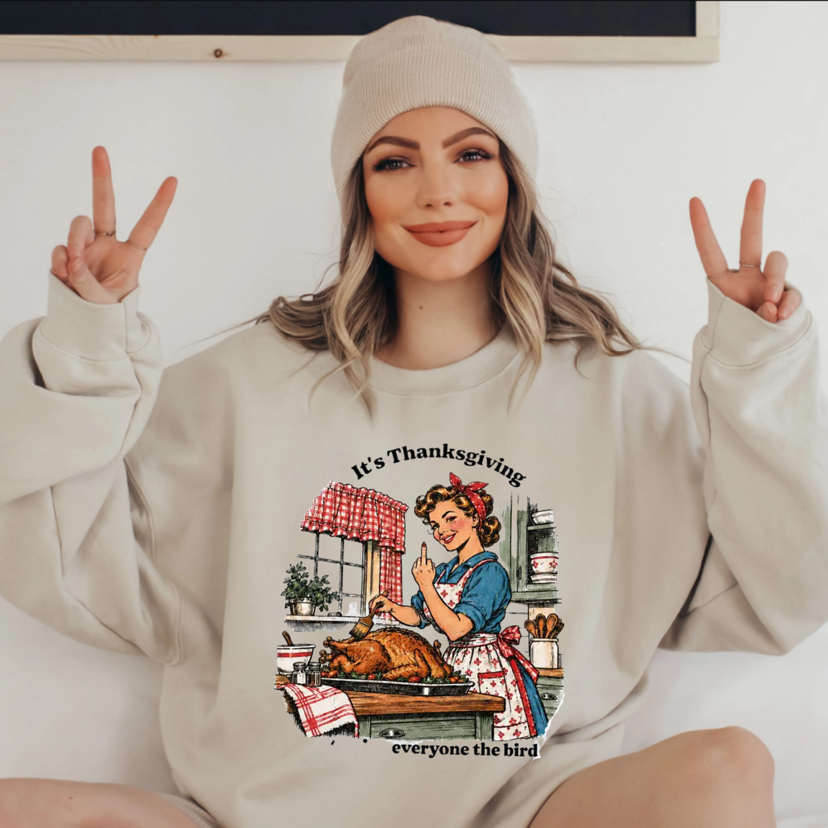 Funny Thanksgiving Turkey Sweatshirt – Give Everyone The Bird Retro Graphic Pullover