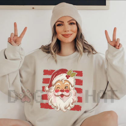 Vintage Festive Santa Stripe Pullover - Cozy Red Striped Christmas Graphic Sweatshirt