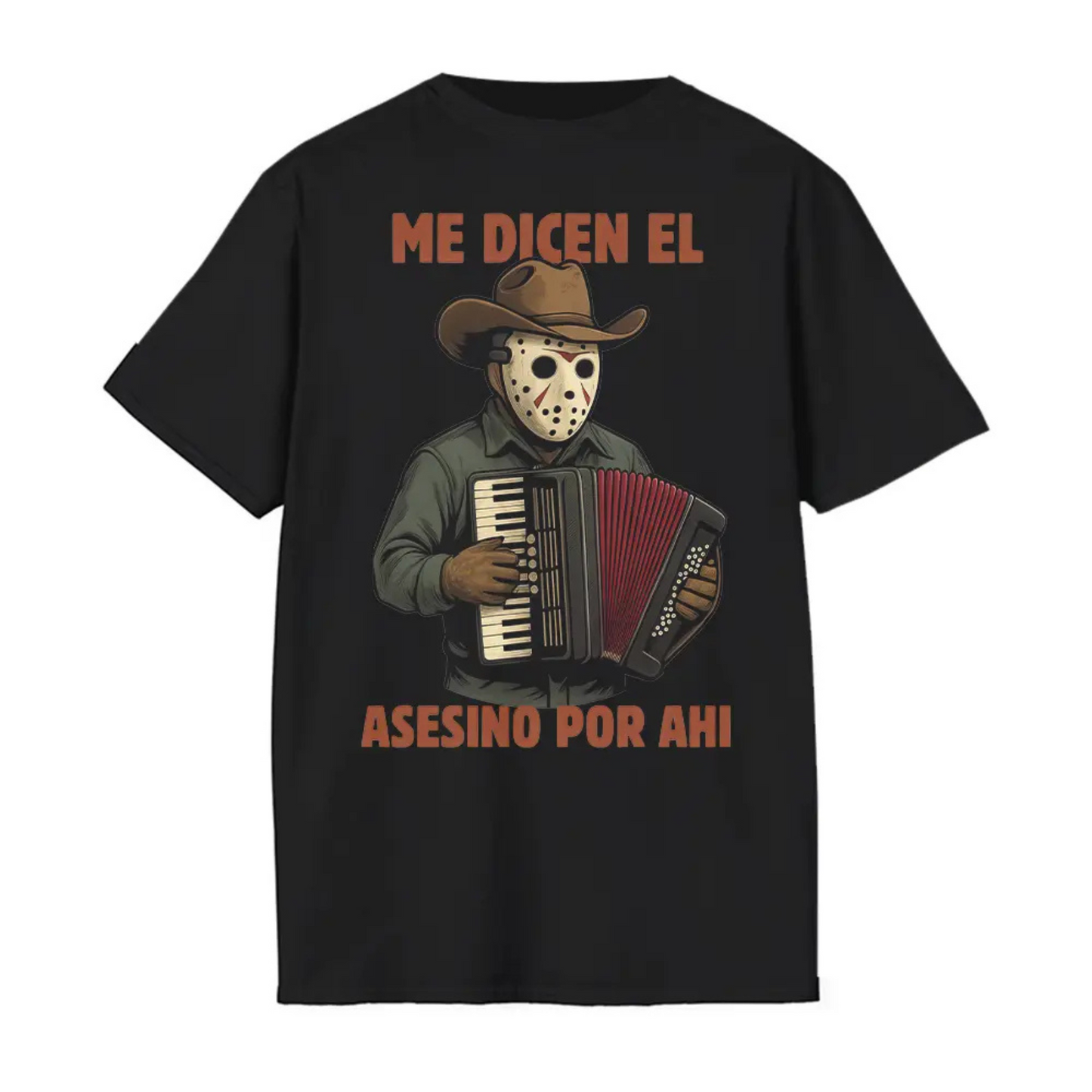 Me Dicen El Asesino Por Ahi Shirt – Horror Movie Villains, Accordion Tee, Jason, Freddy, Ghostface, Michael Myers