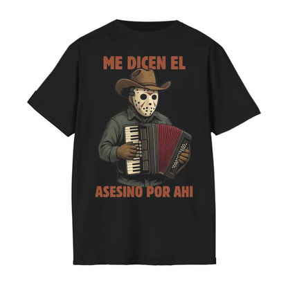 Me Dicen El Asesino Por Ahi Shirt – Horror Movie Villains, Accordion Tee, Jason, Freddy, Ghostface, Michael Myers