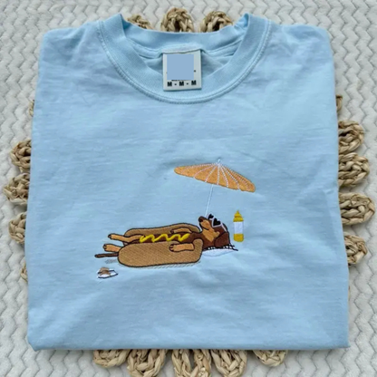 "Hot Dog on the Beach" Embroidered Dachshund T-Shirt