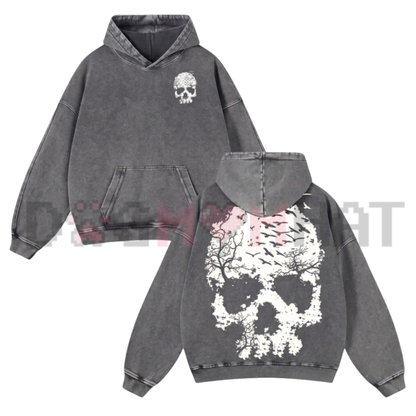 Vintage Washed Skull Print Oversized Fleece Hoodie