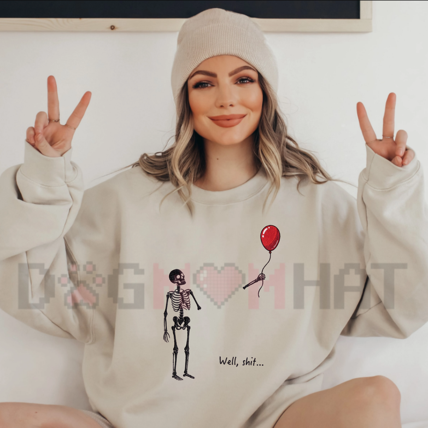 "Well Shit" Skeleton Balloon Embroidered Sweatshirt - Funny Dark Humor Crewneck Pullover