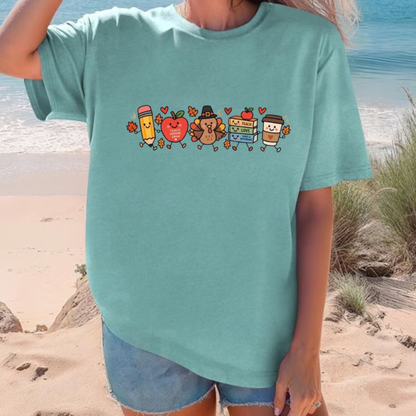 Funny Thanksgiving Turkey Doodle Teacher Graphic T-Shirt