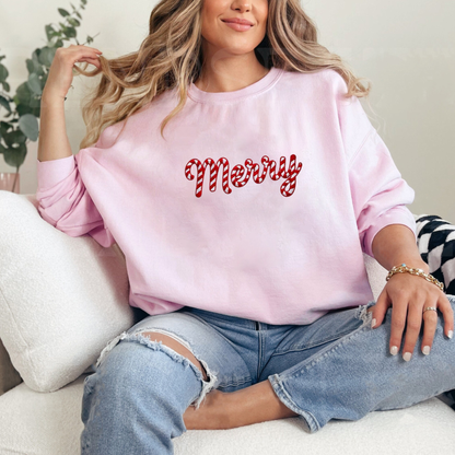 Festive Friction Sweatshirt – Embroidered-Look Merry Christmas Candy Cane Holiday Crewneck