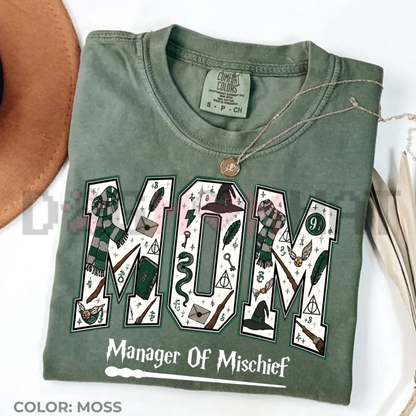 Manager Of Mischief Wizard Mom Graphic Tee - Vintage Magical Fantasy Soft Cotton Unisex Halloween Family Gift T-Shirt