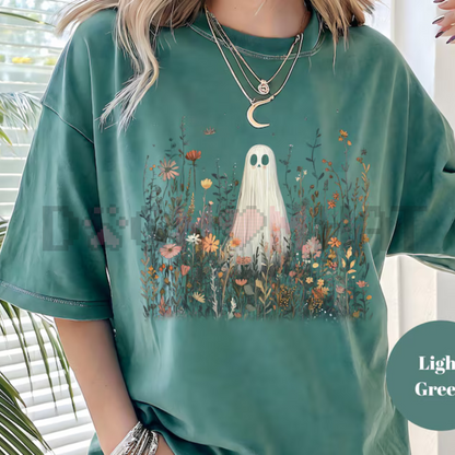 Comfort Colors® Cute Ghost in Wildflowers Shirt – Spooky Fall Aesthetic Floral Halloween Tee, Cozy Ghostcore Gift