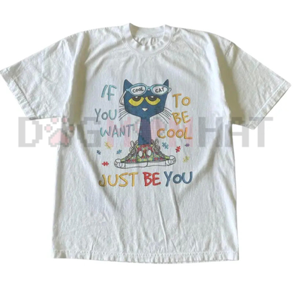 Cool To Be Yourself Emo Feline Graphic Tee - Vintage Grunge Y2K Cartoon Cotton Streetwear Shirt