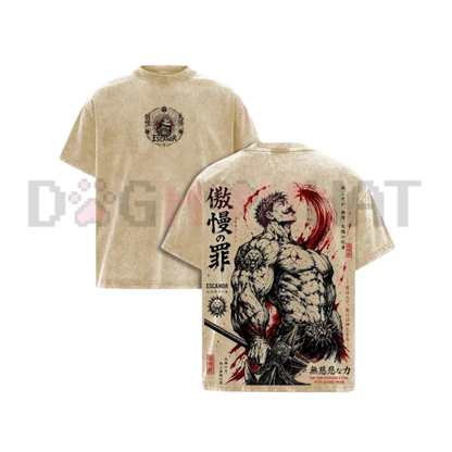 Lion Sin Pride Irezumi Acid Wash Tee - Vintage Escanor Sunshine Magic Heavyweight Anime Streetwear Shirt