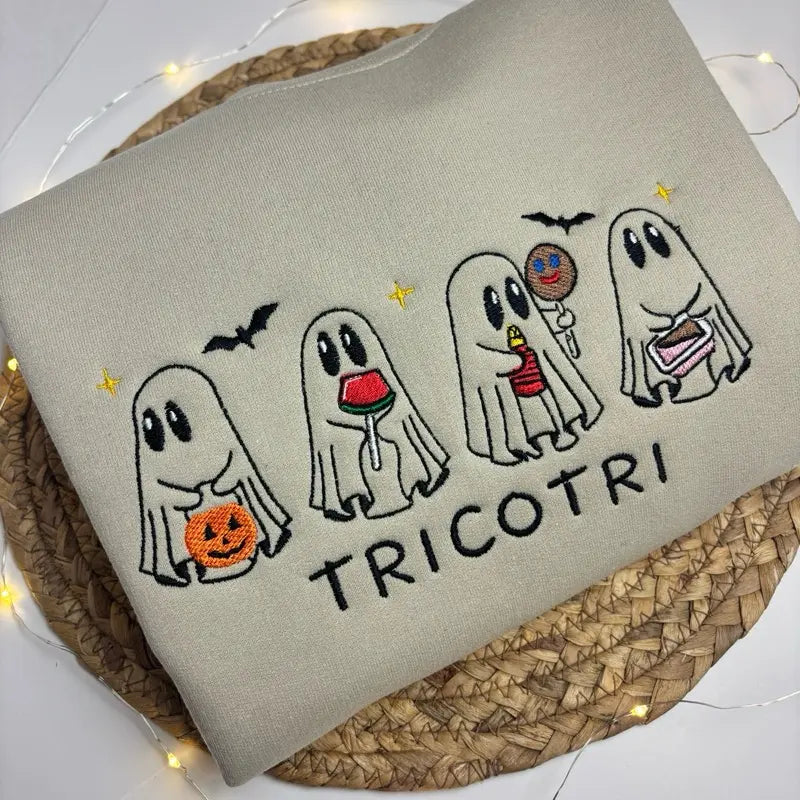 Tricotri Mexican Ghost Crewneck Sweatshirt – Spooky Embroidered Sweater, Halloween & Día de los Muertos Apparel