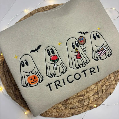 Tricotri Mexican Ghost Crewneck Sweatshirt – Spooky Embroidered Sweater, Halloween & Día de los Muertos Apparel