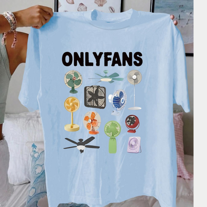 Women’s Letter & Fan Graphic T-Shirt – Casual Summer Round Neck Short Sleeve Tee for Daily Wear