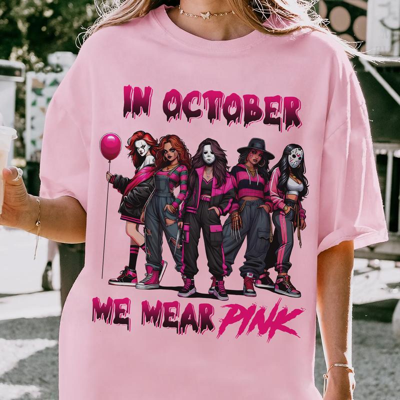 "In October We Wear Pink" Horror Halloween Breast Cancer Shirt – Support Squad Tee, Cancer Survivor Apparel