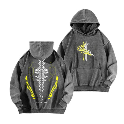 Soft Washed Cotton Cyberpunk Machinery Graphic Hoodie Pullover