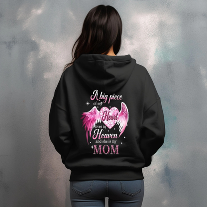 "A Big Piece Of My Heart Lives In Heaven Mom" Angel Wing Memorial Back Print Hoodie