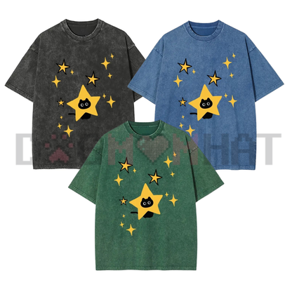 Minimalist Cartoon Kitten and Star Graphic Washed Tee - Y2K Retro Soft Cotton Unisex Oversized T-Shirt