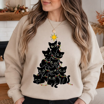 Women’s Chic Geometric Black Cat Christmas Tree Crewneck Sweatshirt