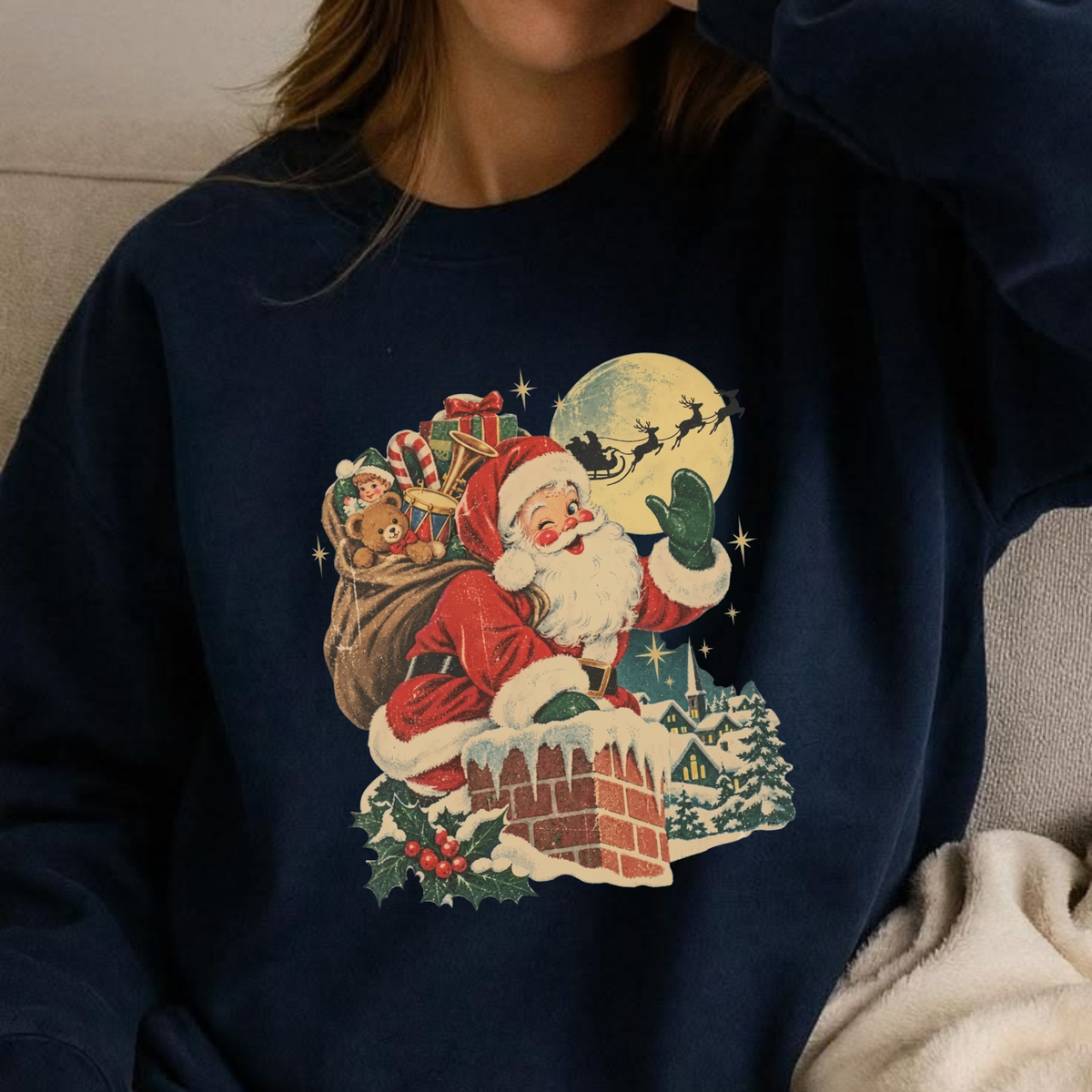 Festive Friction Crewneck – Vintage Santa Chimney & Reindeer Holiday Graphic Sweatshirt