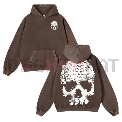 Vintage Washed Skull Print Oversized Fleece Hoodie