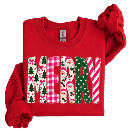 Festive Friction Crewneck – Retro Pink Merry Christmas Polka Dot Tree Sweatshirt