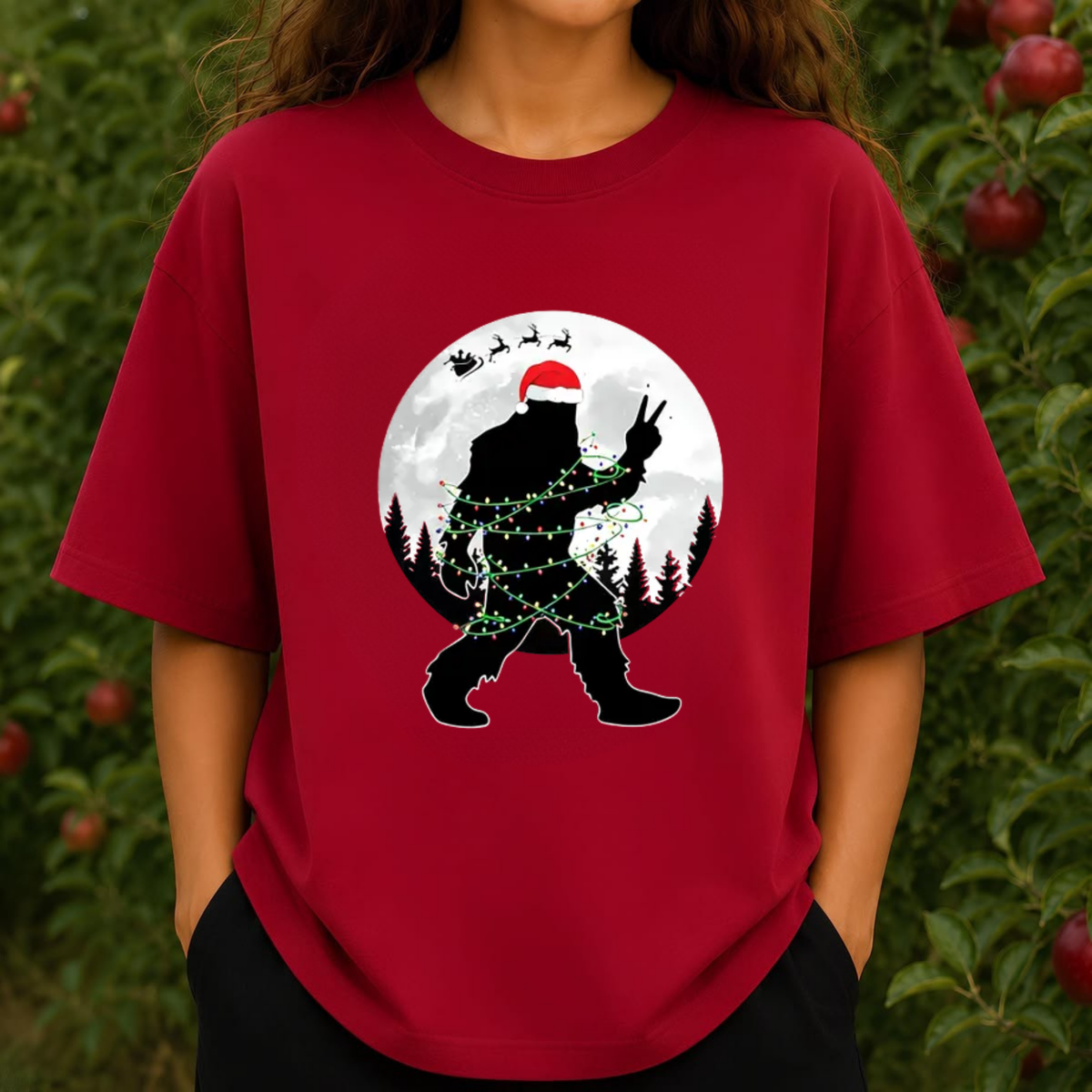 Funny Bigfoot Christmas Light Moon Forest Graphic T-Shirt