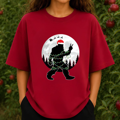 Funny Bigfoot Christmas Light Moon Forest Graphic T-Shirt