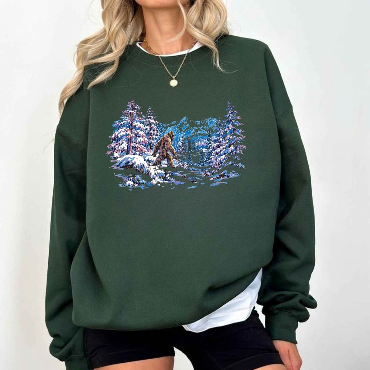 Parke Horizon Sweatshirt – Vintage Sasquatch Snowy Forest Winter Graphic Crewneck