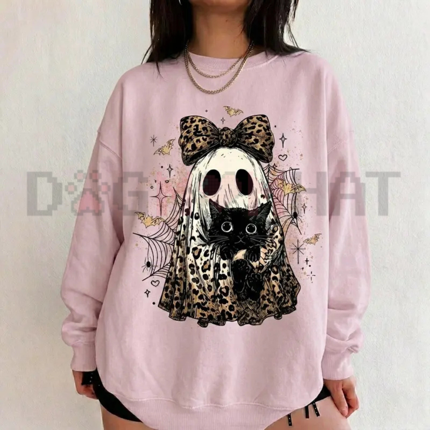 Spooky Leopard Feline Phantom Crewneck - Cute Ghost Cat Pattern Halloween Fleece Pullover Sweatshirt