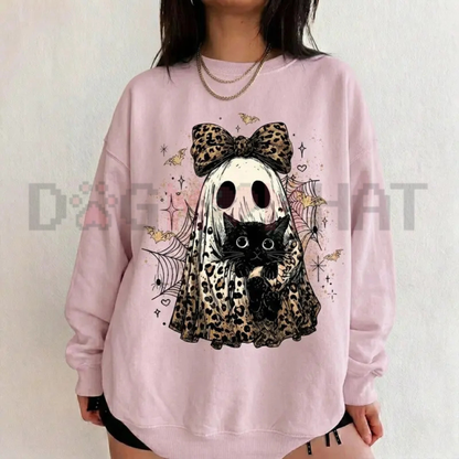 Spooky Leopard Feline Phantom Crewneck - Cute Ghost Cat Pattern Halloween Fleece Pullover Sweatshirt
