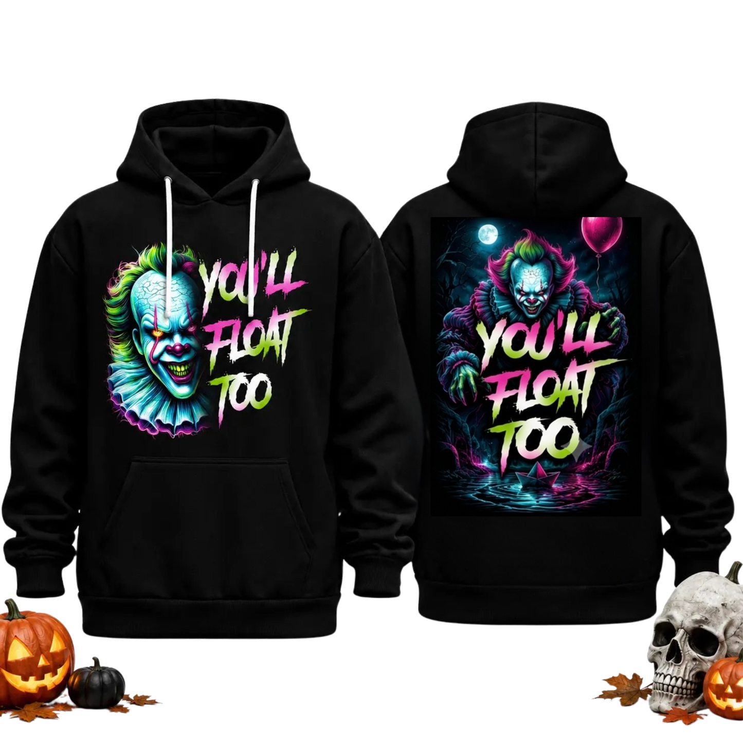 Unisex Horror Movie Villain Double-Sided Graphic Hoodie - Retro Neon Scary Character Pullover Hooded Hoodie